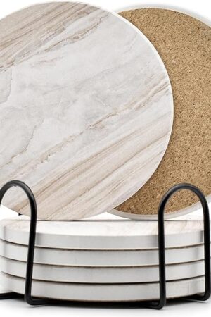 6Pcs Drink Coasters with Holder, Marble Style Ceramic Drink Coaster, Absorbent Coasters Set Suitable for Kinds of Cups, Modern Style Coasters for Coffee Table, 4 Inches