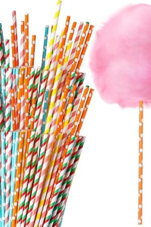 200 Pieces Cotton Candy Cones 13.8 Inch Cotton Candy Holder Stick Random Color Paper Straw Cones Colorful Sticks for Birthday Wedding Holiday Party(Bright Color)