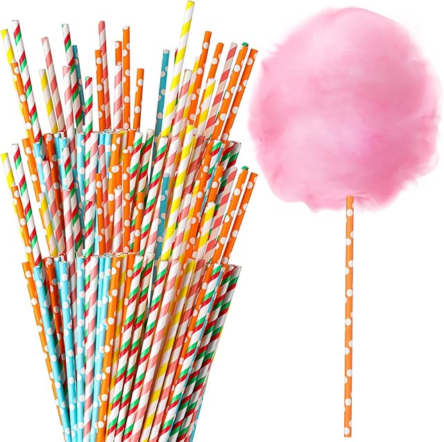 200 Pieces Cotton Candy Cones 13.8 Inch Cotton Candy Holder Stick Random Color Paper Straw Cones Colorful Sticks for Birthday Wedding Holiday Party(Bright Color)
