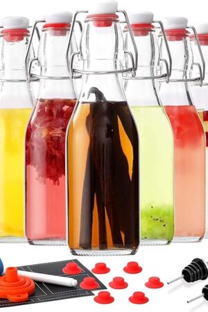 8-Pack 8.5oz Flip Top Glass Bottles, Swing Top Beer Brewing Bottle for Fermentation, Kombucha, Kefir, Vanilla Extract, Coquito, Juice, Soda, Tea - Airtight Stopper Cap Lid, Bonus 2 Bottle Pourers