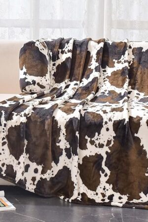 Bnuitland Brown Cow Print Throw Blanket with Storage Pouch, 300 GSM Double Sided Fuzzy Decor Lap Blanket for Bed/Sofa/Couch, Super Soft Cozy Flannel Throw Gift for Adults and Kids, 50×60 inch