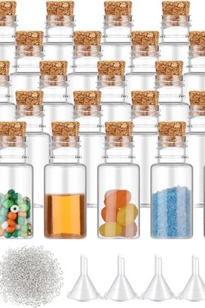 Bokon 25 Packs Mini Plastic Bottles with Corks Stoppers Eye Screws Funnels Small Potion Bottles Tiny Clear Sand Art Jar Wishing Vial for Birthday Party DIY Crafts Gift (1 x 2.28 Inch)