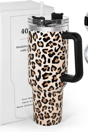 40 oz Tumbler with Handle and Straw, 100% Leak-Proof Travel Mug, Stainless Steel Double Wall Vacuum Insulated Coffee Cup Keeps Cold For 34 Hours, Cheetah