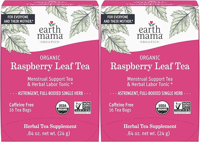 Earth Mama Organic Raspberry Leaf Tea Bags | Labor Tonic & Menstrual Support Herbal Tea, Red Raspberry Leaf Tea for Pregnancy & Postpartum Care Recovery, Caffeine Free Tea, Non GMO, (16-Teabags, 2-Pk)