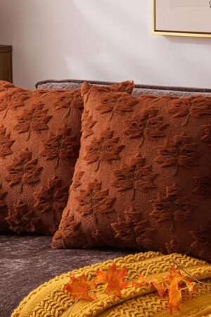 Decorative Farmhouse Fall Throw Pillow Covers 18x18 Set of 2, Caramel Maple Leaf Plush Embroidered Pillow Cases for Couch, Soft Fluffy Faux Fur Cushion Covers for Harvest Autumn Home Décor