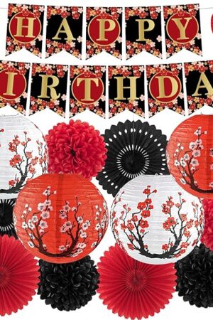 14Pcs Hibachi Party Decorations, Japanese Lanterns with Cherry Blossom Patterns Tissue Paper Pom Poms Round Paper Fans Happy Birthday Banner Set for Hibachi Japanese Party Decorations