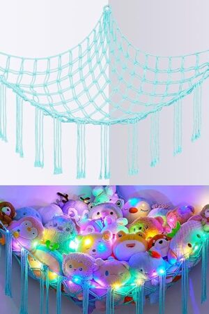 Basumee Stuffed Animals Net or Hammock with LED Light, Hanging Stuffed Animals Storage Toy Hammock Net Corner Wall Girls Room Decor Toy Storage Organizer, Light Aqua Green, L