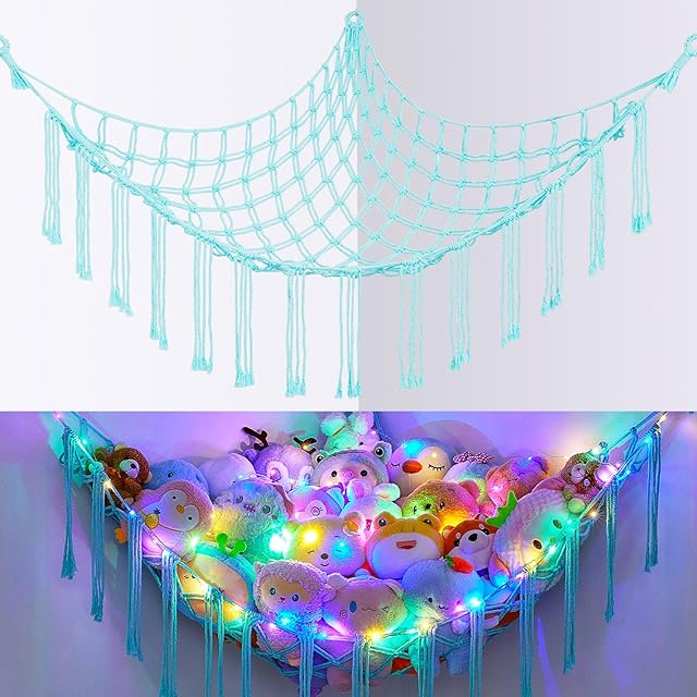 Basumee Stuffed Animals Net or Hammock with LED Light, Hanging Stuffed Animals Storage Toy Hammock Net Corner Wall Girls Room Decor Toy Storage Organizer, Light Aqua Green, L