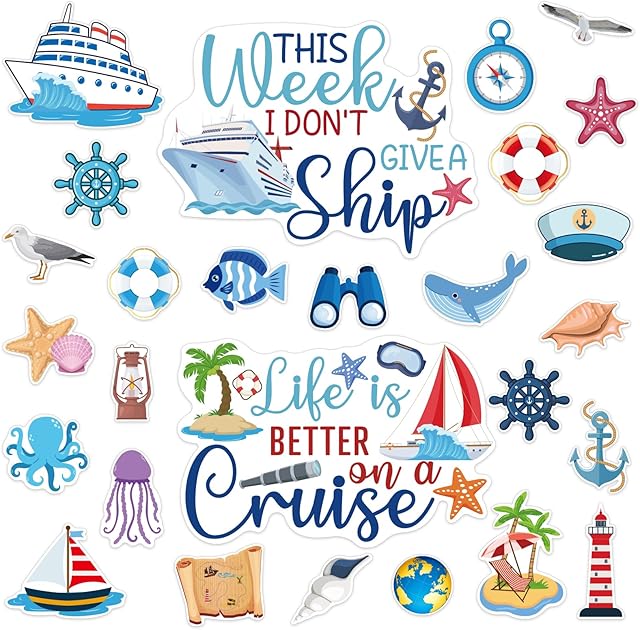 27PCS Cruise Door Decorations Magnetic, Large Nautical Ship Magnets Reusable Funny Carnival Cruise Cabin Magnets Stickers for Door Decorations Fridge Car Computer