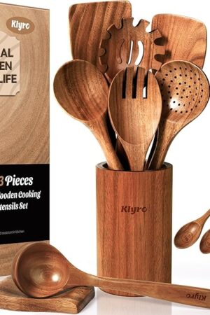 Wooden Spoons for Cooking, Nonstick Kitchen Utensils Set with 4 Piece Measuring Spoons, Comfort Grip Wooden Spatula Set, 9 Piece Teak Wooden Cooking Utensils with Holder and Spoon Rest
