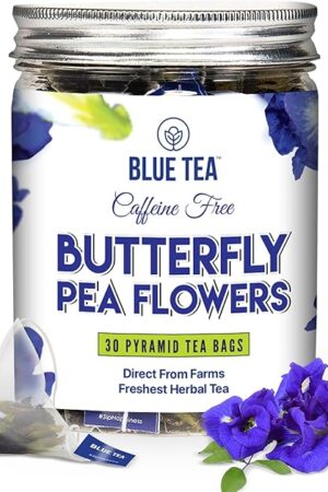 BLUE TEA Butterfly Pea Flower Tea - 30 Count - Plant Based Tea Bags | Antioxidant Rich | Caffeine Free | Non-Bitter | Herbal Detox Tea | Reusable Pet Jar Pack