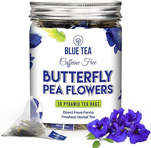 BLUE TEA Butterfly Pea Flower Tea - 30 Count - Plant Based Tea Bags | Antioxidant Rich | Caffeine Free | Non-Bitter | Herbal Detox Tea | Reusable Pet Jar Pack