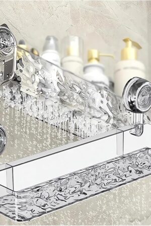 Corrugated Suction Cup Storage Holder Corner Shower Caddy Large Organizer Bathroom Shelf Clear Acrylic Shower Tray Shelves Inside Floating Shower Wall Shelf Bath Basket Rack Heavy Duty (Rect-Clear)