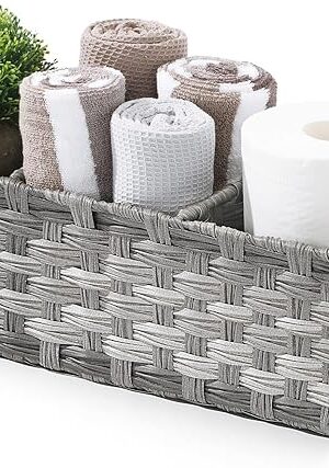[Larger Compartments] Toilet Tank Topper Paper Basket - Multiuse Hand Woven Plastic Wicker Basket with Divider for Organizing, Rustic Farmhouse Bathroom Decor, Countertop Organizer Storage, Grey