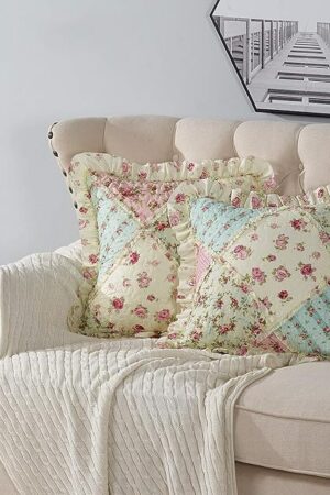 Brilliant Sunshine Roses Ruffle Pillowshams, Quilted Patchwork Decorative Pillow Covers Set, Washable Square Throw Cushion Cases for Couch, Recliner, Armchair, Bed, 18x18, Pack of 2, Pink Green