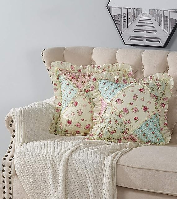 Brilliant Sunshine Roses Ruffle Pillowshams, Quilted Patchwork Decorative Pillow Covers Set, Washable Square Throw Cushion Cases for Couch, Recliner, Armchair, Bed, 18x18, Pack of 2, Pink Green