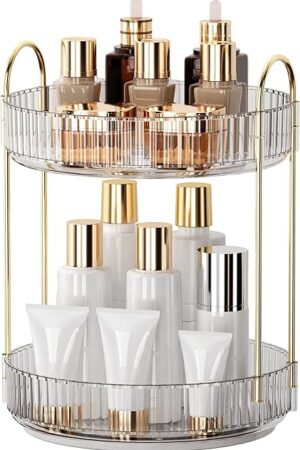 360 Rotating Makeup Organizer and Storage for Vanity Bathroom Countertop, High Capacity Cosmetic Skincare Perfume Organizers for Dresser Lazy Susan (Clear White,2 Tiers)