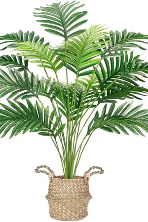 Der Rose Fake Palm Tree 28Inch Tall Fake Plant Potted Faux Areca Artificial Tree with Hand-Woven Baskets with Handles for Indoor Outdoor Home Office Bedroom Porch Balcony Decor