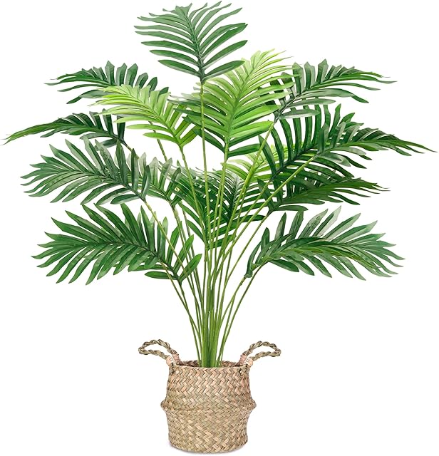 Der Rose Fake Palm Tree 28Inch Tall Fake Plant Potted Faux Areca Artificial Tree with Hand-Woven Baskets with Handles for Indoor Outdoor Home Office Bedroom Porch Balcony Decor
