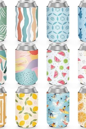 12 Pack Summer Can Cooler Sleeve Insulated Neoprene Can Coolers in Bulk, Beach Pool Bottle Can Drink Holder Party Decorations, Men Women Birthday Bachelorette Party Favor Gifts