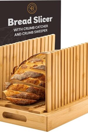 Bread Slicer for Homemade Bread - BAMBUSI New Upgrade Bamboo Bread Cutter with Adjustable Width, Foldable Compact Slicing Guide and Crumb Tray - Bread Cutter for Loaf, Cake, Bagels - Gift for Bakers