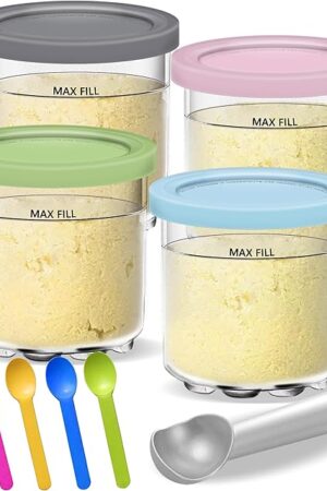 Creami Pints and Lids for Ninja - 4 pack Creamy Icecream Containers Cups Jars Tubs Canisters Set, Smoothie Pot Compatible with NC299AMZ & NC300s Series Creamer Ice Cream Maker Machine Accessories