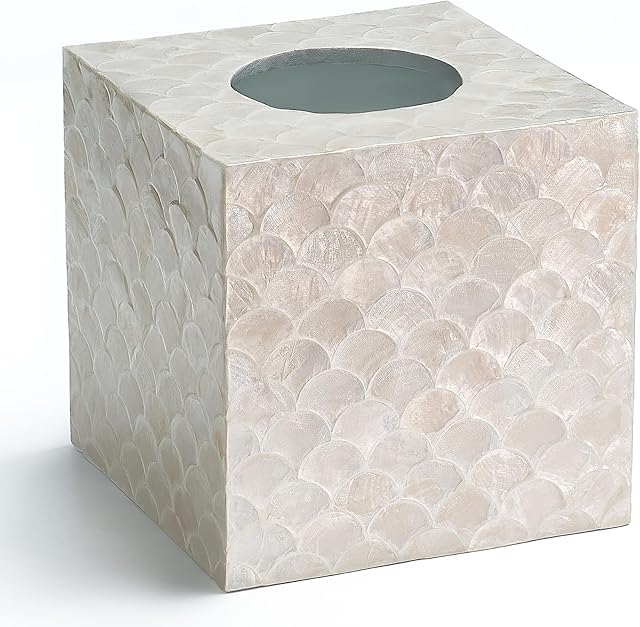 5.9? Capiz Tissue Box Cover, Square Decorative Tissue Holder with Bottom Slider, Handmade Bathroom Accessories, Elegant White Cube for Vanity, Bedroom, Office & Coastal Décor (Natural)