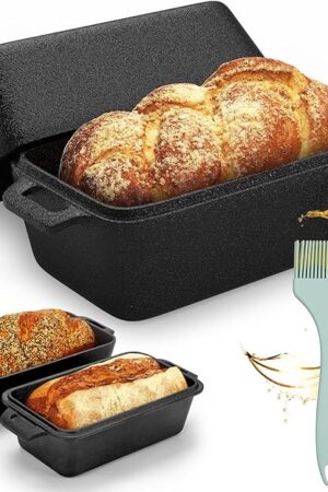 Cast Iron Loaf Pan with Lid | Bread Baking Pans | Even Heat Distribution for Homemade Bread, Cake, Meatloaf, 2 Piece Set (with Oil Brush)