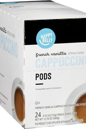 Amazon Brand - Happy Belly Cappuccino Coffee Pods Light Roast Compatible with 2.0 K-Cup Brewers, French Vanilla Flavored, 24 Count, 1.5 pound (Pack of 1)