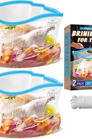 Brining Bag for Turkey, Extra Large Brining Bags for Turkey with String, Double Zippers Turkey Brine Bags for Marinade, Catfish, Steak, 26? x 22?, with Date Label, 2 Pack