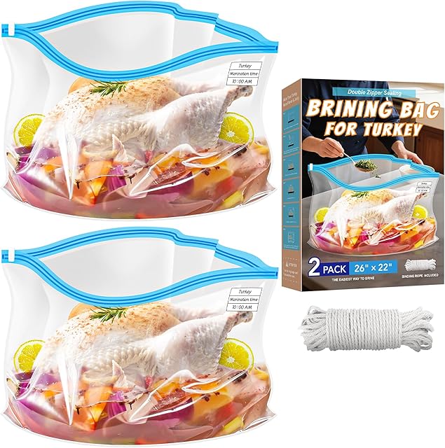 Brining Bag for Turkey, Extra Large Brining Bags for Turkey with String, Double Zippers Turkey Brine Bags for Marinade, Catfish, Steak, 26? x 22?, with Date Label, 2 Pack