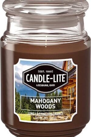 Candle-lite Scented Candles, Mahogany Woods Fragrance, One 18 oz. Single-Wick Aromatherapy Candle with 110 Hours of Burn Time, Brown Color