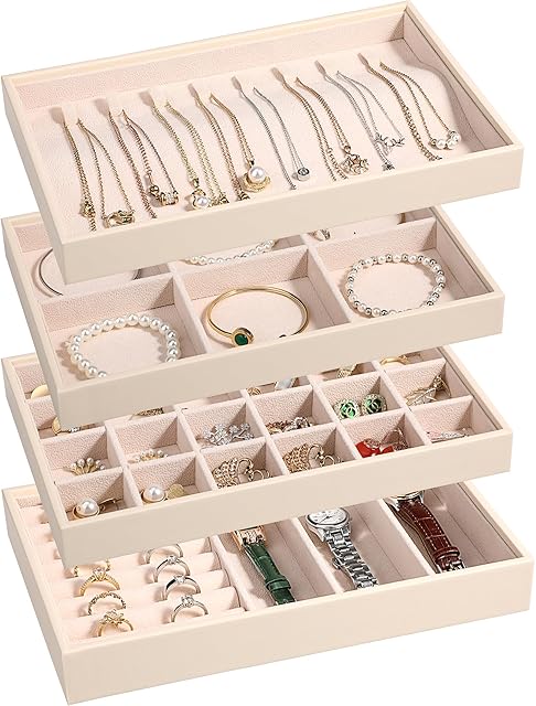 LANDICI Stackable Jewelry Organizer Trays 4 Set,PU Leather Jewelry Organizer Drawer,Jewelry Storage Display Tray for Earring Necklace Rings Bracelet with Removable Dividers,Apricot