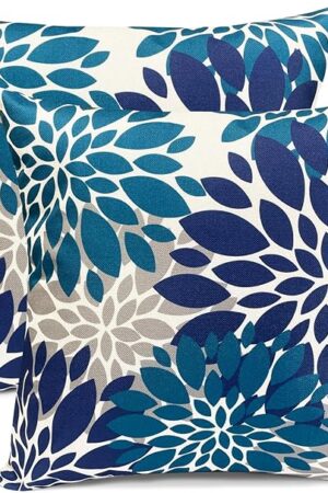 Decorative Throw Pillow Covers Set of 2 Blue Pillow Covers 18x18 inch Throw Pillows Linen Square Pillow Case,Farmhouse Outdoor Modern Floral Flower Pillow Cover for Couch Sofa Living Room