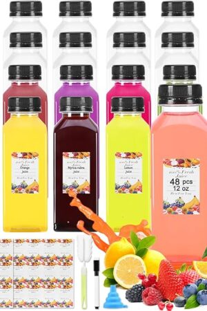 48pcs 12oz Empty Plastic Juice Bottles- Clear Homemade Juicing Drinks Containers with Black Tamper Proof Lids for Juicing, Smoothie,Drinking,Reusable Beverages Bottles