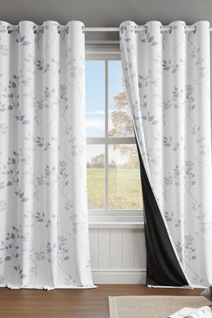 Beauoop Floral 100% Blackout Curtains 84 Inches Long 2 Panels for Bedroom Living Room Grey White Flower Patterned Room Darkening Thermal Insulated Soundproof Grommet Window Treatments Drapes, 52X84