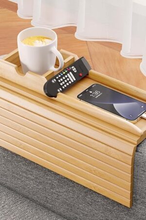 Bamboo Sofa Armrest Tray - Couch Arm Tray with Detachable Couch Cup Holder - 2 in 1 Anti-Slip Foldable Sofa Armchair Caddy Table - Cup Holder for Drinks Cellphone TV Remote Snacks