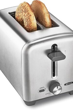 bella Stainless Steel 2 Slice Toaster with Extra Wide Slots & Removable Crumb Tray, 6 Browning Options, Auto Shut Off & Reheat Function, Toast Bread, Bagel & Waffle