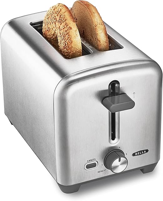 bella Stainless Steel 2 Slice Toaster with Extra Wide Slots & Removable Crumb Tray, 6 Browning Options, Auto Shut Off & Reheat Function, Toast Bread, Bagel & Waffle