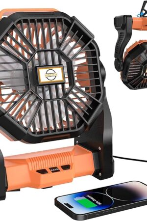 Camping Fan Rechargeable Fan Portable- Battery Fans with Led Light, Quiet 20000mah Battery Operated Outdoor 4 Speed Desk Fans,Hook & Rotation-Personal Fans for Tent, Power Outage, Fishing