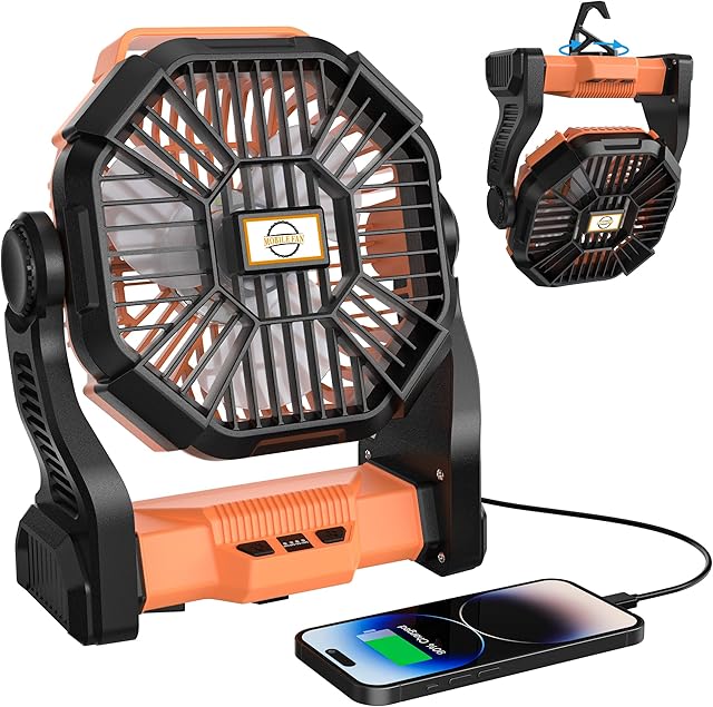 Camping Fan Rechargeable Fan Portable- Battery Fans with Led Light, Quiet 20000mah Battery Operated Outdoor 4 Speed Desk Fans,Hook & Rotation-Personal Fans for Tent, Power Outage, Fishing