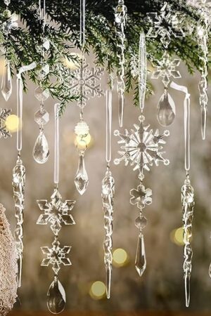 18pcs Christmas Tree Decoration Crystal Ornaments - Hanging Acrylic Christmas Snowflake Icicle Drop Crystal Ornaments for Xmas Tree Winter New Year Party Supplies