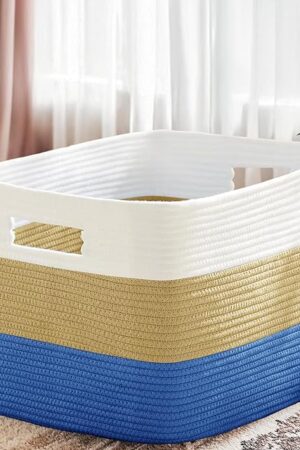 Cotton Rope Basket,Large Blanket Basket for Living Room,Woven cotton rope laundry baskets，For Bathroom Dirty Clothes ，Nursery Toys，pillow storage organization, 72L，white and dark blue.