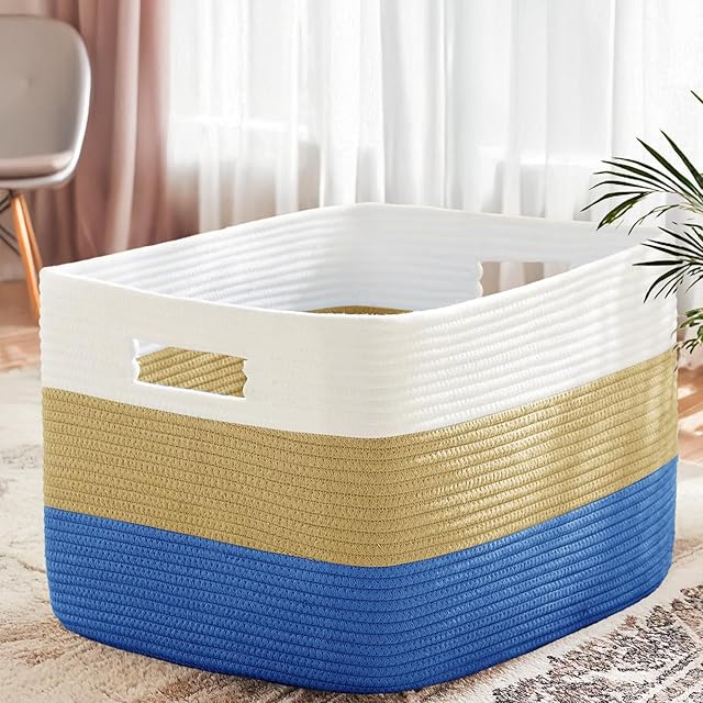 Cotton Rope Basket,Large Blanket Basket for Living Room,Woven cotton rope laundry baskets,For Bathroom Dirty Clothes ,Nursery Toys,pillow storage organization, 72L,white and dark blue.