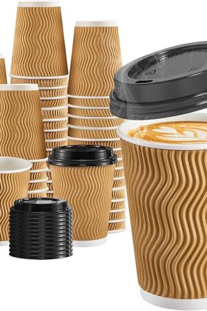 12 oz Coffee Cups-90 Pack Disposable Coffee Cups with Lids and Straws, Insulated Ripple Wall To Go Paper Coffee Cup for Coffee, Hot Chocolate and Hot Tea Drinks - Champagne