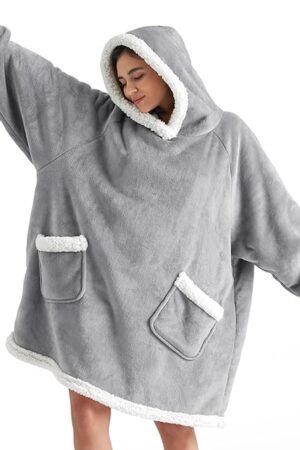 Bedsure Blanket Hoodie, Wearable Blanket for Adults & Kids as Gifts for Women Men, Birthday Gifts for Women Mom Girl Sherpa Oversized Hoodie, Grey, Standard