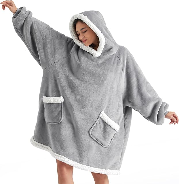 Bedsure Blanket Hoodie, Wearable Blanket for Adults & Kids as Gifts for Women Men, Birthday Gifts for Women Mom Girl Sherpa Oversized Hoodie, Grey, Standard