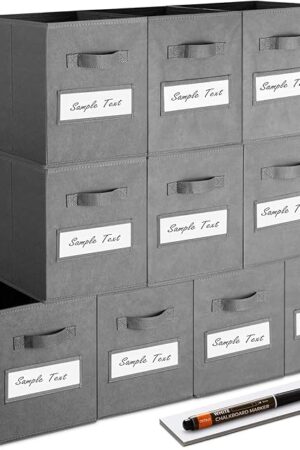 artsdi 11 Inch Storage Cube,Storage bin (Set of 10) Foldable Fabric Cube Storage Bins with 10 Labels Window Cards & a Pen,Baskets Containers for Shelves,Closet Organizers Box for Home & Office,Gray