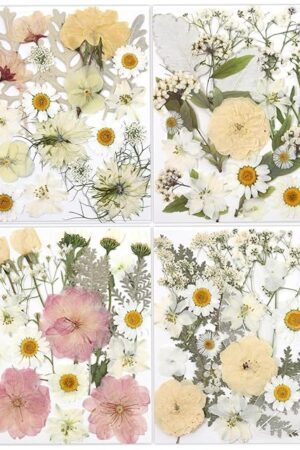 80 Pcs Dried Flowers for Crafts, Real Natural Dried Pressed Flowers in Soft Yellow, White & Pink Tones for Resin, DIY Art, Jewelry, Candle & Soap Making – Tweezers Included