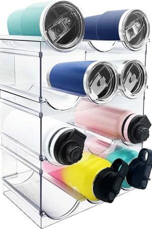 4 Pack Water Bottle Organizer, Stackable Kitchen Pantry Organization and Storage Shelf, Plastic Bottle Holder for Fridge Kitchen Cabinet Organizer and Storage, Tumbler Mug Cup Organizer